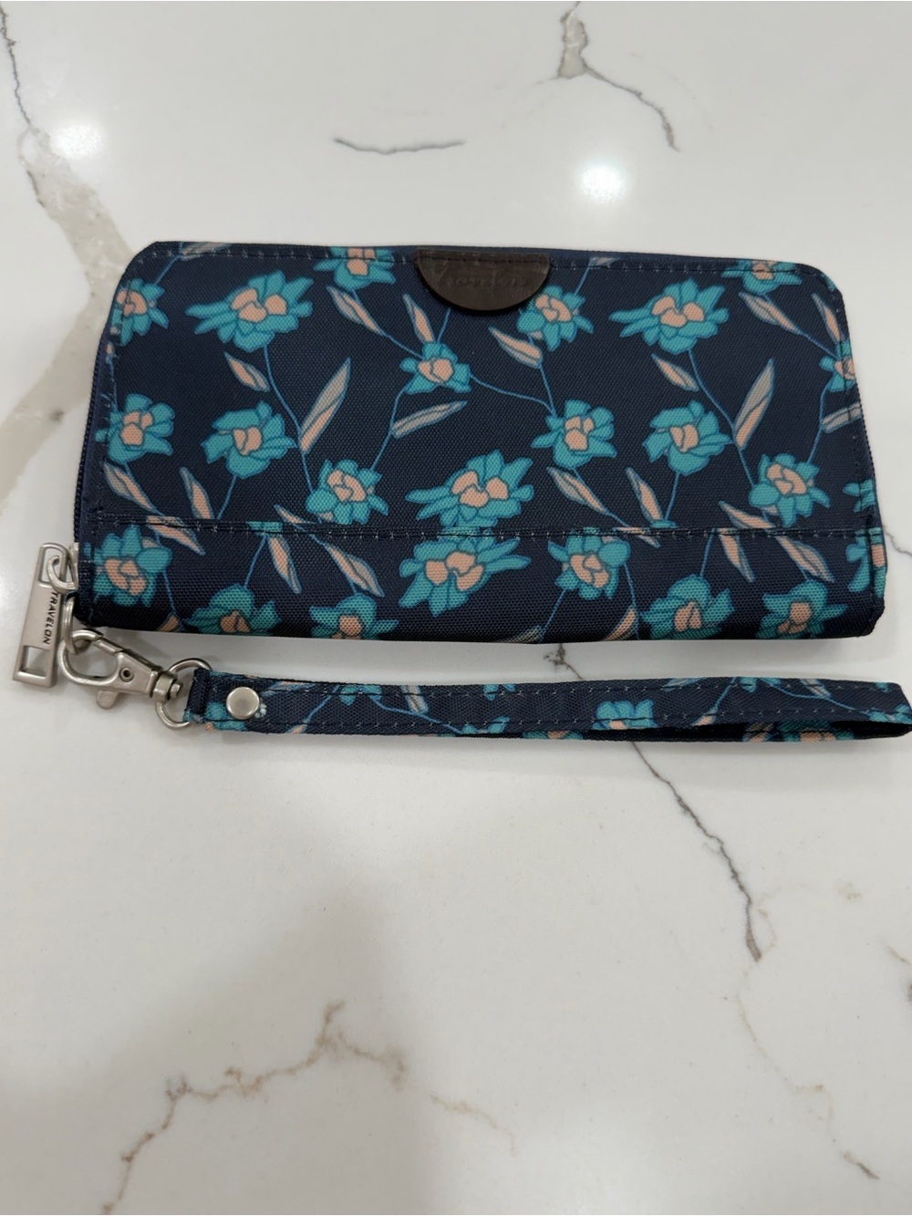 Travelon RFID Blocking Zip Around Wristlet Wallet Navy Teal Floral